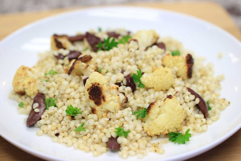 Gluten Free Roasted Cauliflower with Olives and Pearled Sorghum Grain Salad
